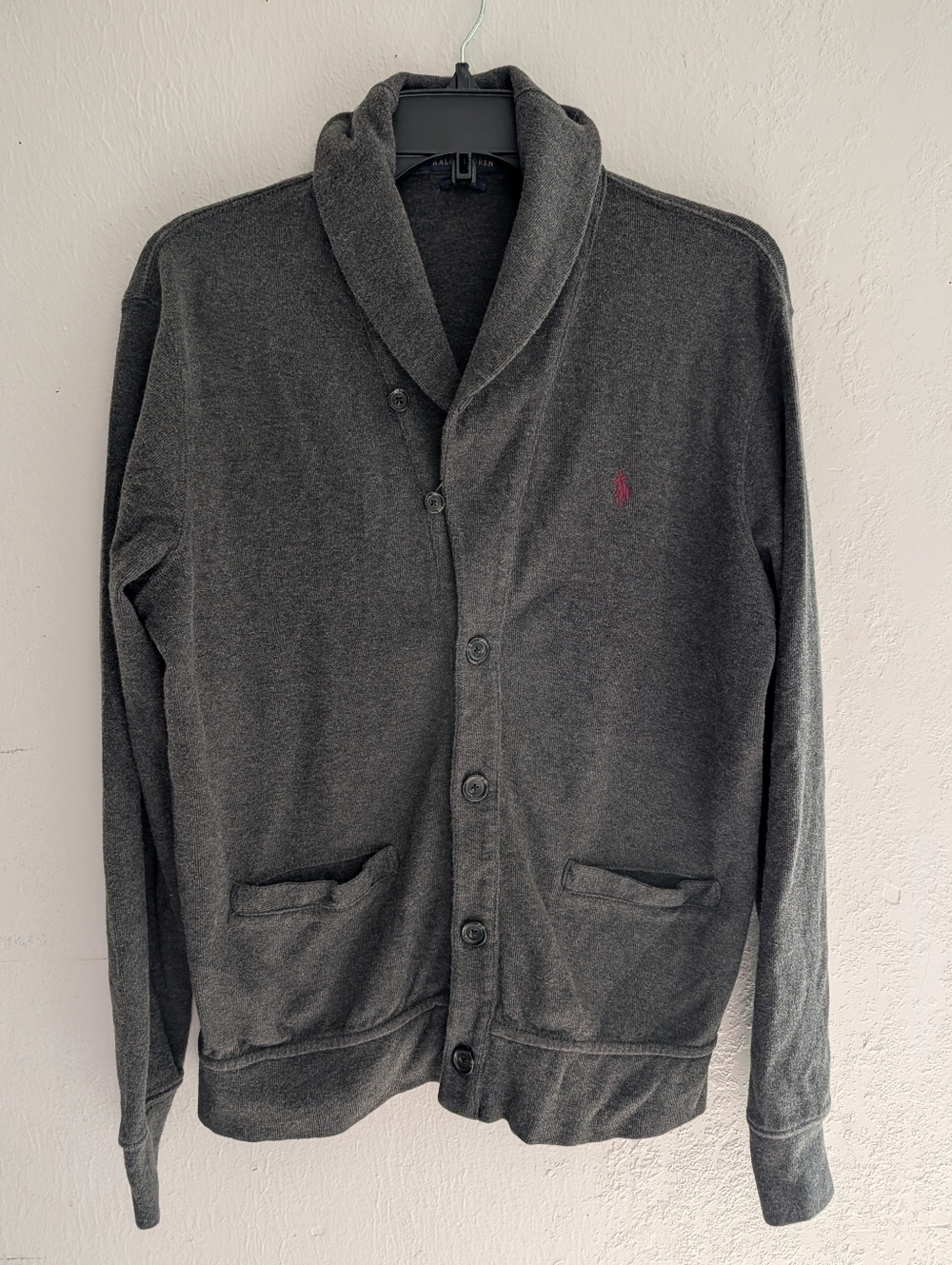 Ralph Lauren Charcoal Shawl-Collar Cardigan with Logo